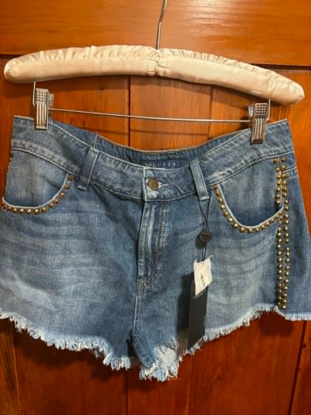 GUESS GOLD STUDDED FRINGED DENIM SHORTS Size 30 NWT